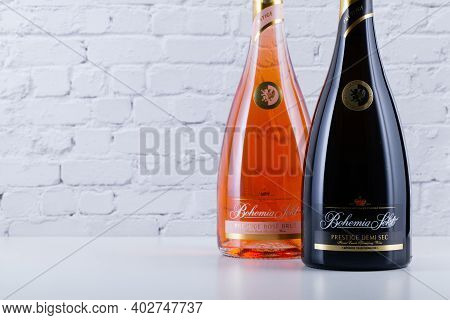 Prague,czech Republic - 10  January,2021: The Detail Of Two Bottles Bohemia Sekt On The Black Backgr
