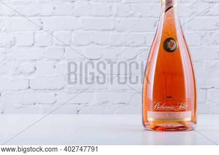 Prague,czech Republic - 10  January,2021: The Detail Of Bottle Bohemia Sekt On The White Background.