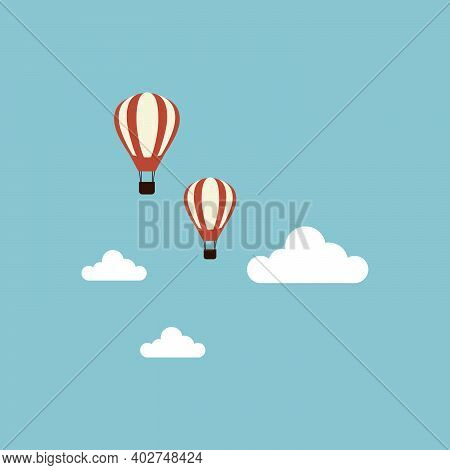 Two Hot Air Balloon Flying In The Blue Sky With Clouds. Flat Cartoon Horizontal Background. Stock Ve
