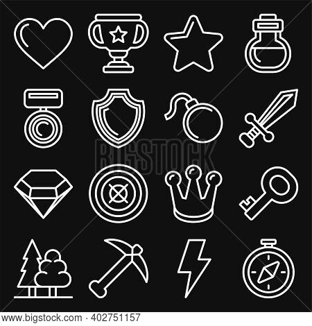 Computer Games Icons Set On Black Background. Line Style Vector