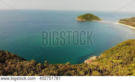 Aerial Drone View Small Koh Ma Island, Ko Phangan Thailand. Exotic Coast Panoramic Landscape, Mae Ha