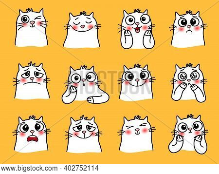 Cat Character Stickers. Cartoon Pets With Cute Emotions, Smiling Graphic Images Of Loving Animal, Ve