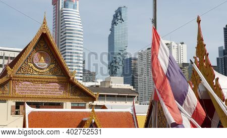 Bangkok, Thailand - 13 July, 2019: Conceptual Contrast Of Oriental Old Traditional Ancient Temple An