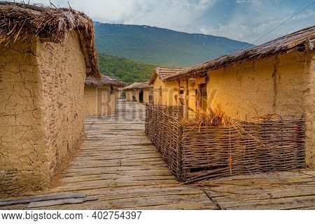 The Bay Of The Bones The Reconstructed Site Of Prehistoric Settlement Houses At Lake Ohrid, North Ma