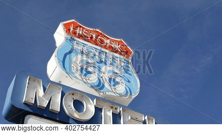 Motel Retro Sign On Historic Route 66 Famous Travel Destination, Vintage Symbol Of Road Trip In Usa.