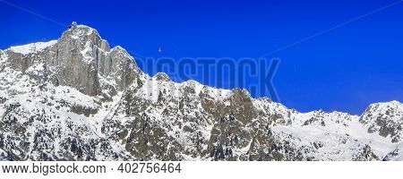 Chamonix Mont-blanc, France, French Alps Winter Mountain Ski Travel Vacation Background With Red Cab