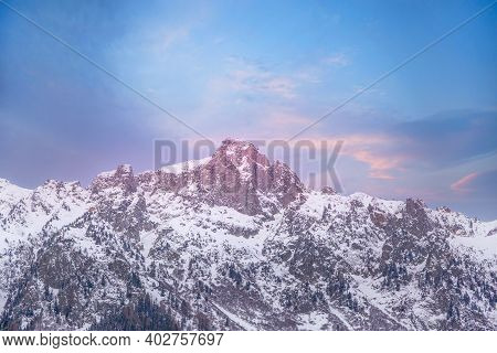 Chamonix Mont Blanc, France Winter Sunset Mountain Ski Travel Background. Cable Car Tram Cabin, High