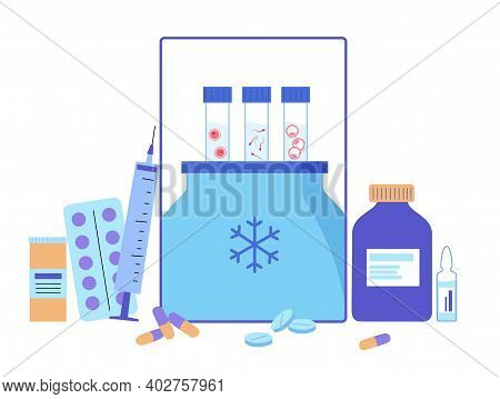Female And Male Egg Cell Cryopreservation Concept. Embryo Icon In Tube. Sperm And Ovum. Fertilisatio