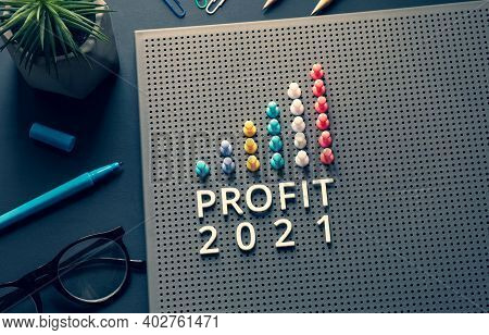 Profit 2021 Text With Pin Garph Chart On Business Table.vision To Success And Strategy Plan.