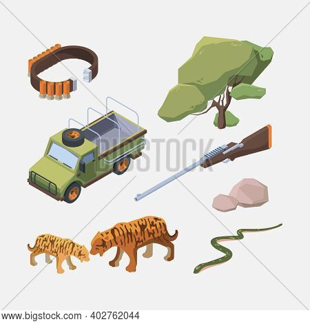 African Safari Isometric. Wild Animals People And Tourist Transport Africans Hunters Garish Vector C