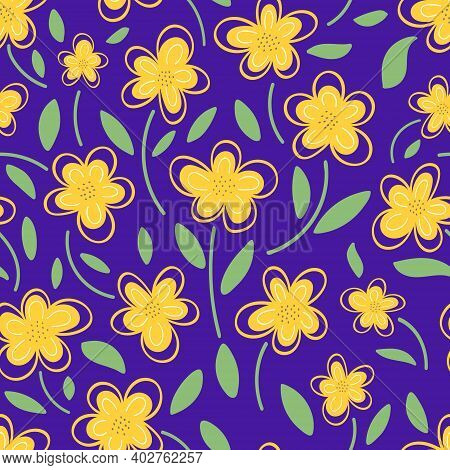 Yellow Flowers On Purple Background Seamless Pattern. Vector Illustration