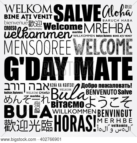 G'day Mate (welcome In Australian) Word Cloud In Different Languages, Conceptual Background