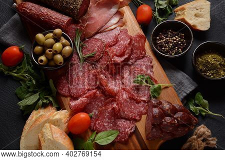 Antipasto Platter Salami Smoked Sausage And Olives   With Grissini Bread Sticks