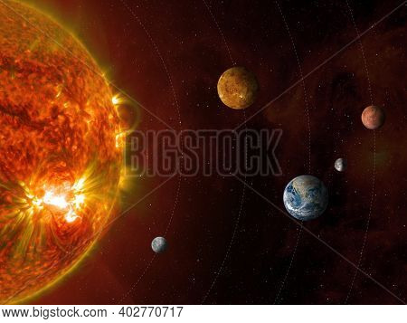 Sun And Solar System Planets. Terrestrial Planets: Mercury, Venus, Earth, Mars. Sci-fi Background. E