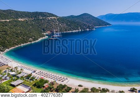 Kefalonia, Greece. Aerial View Of The Antisamos Beach.