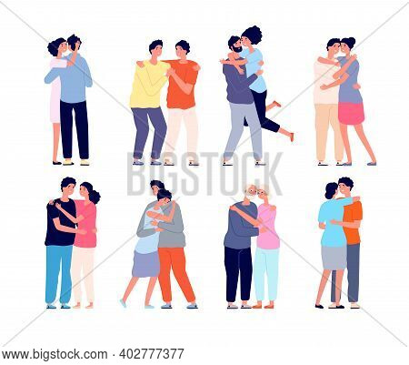 Hugging People. Embracing Person, Friends Support Each Other. Couple In Love Hug Together, Isolated 