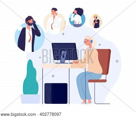 Call Center Operator Queue. Support Waiting Line, People Help Or Faq. Woman Work, Customer Manager A