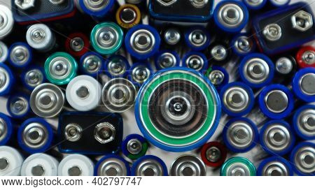Lots Of Used Household Alkaline Batteries Type Aa, Aaa, Pp3, D, C, Collected For Recycling. Recyclin