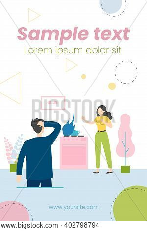 Gas Leaking At Home. People Panicking About Fire On Cooktop Flat Vector Illustration. Fire Safety, F