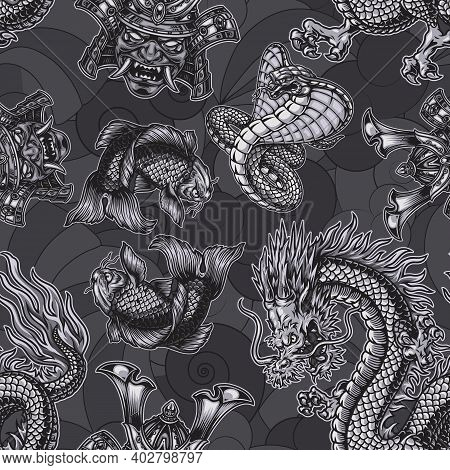 Japanese Monochrome Seamless Pattern With Fantasy Dragon Poisonous Snake Koi Carp And Samurai Mask I