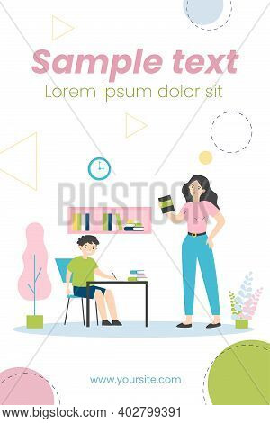 Mom Helping Son To Do School Home Task. Boy Writing At Desk, Woman Holding Book Flat Vector Illustra