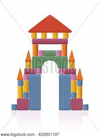 Portal, Gate, Thoroughfare Built Of Wooden Toy Blocks. Many Different Natural Wood Elements - A Typi