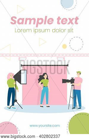 Young Model Posing In Photography Studio Isolated Flat Vector Illustration. Cartoon Photographers Ta