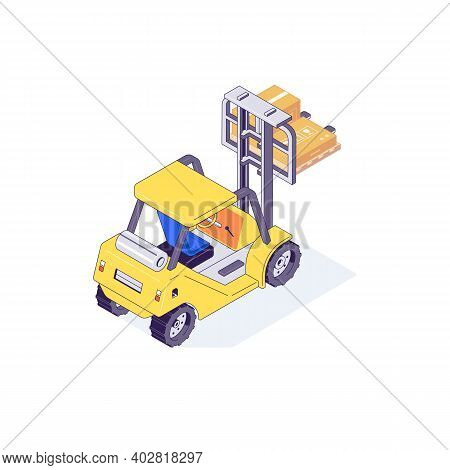 Isometric Warehouse Forklift Pallet Box And Loader. Truck Delivery And Transportaion Industry Vector