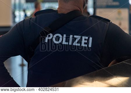 Polizei Inscription On Austrian Police Officer (polizei Means Police In German Language).