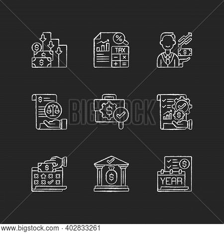 Accounting Chalk White Icons Set On Black Background. Making Financial Report During Financial Perio
