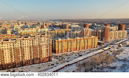Tall New Buildings In A Russian Winter City. New Residential Areas Of Penza With Houses In Winter. S
