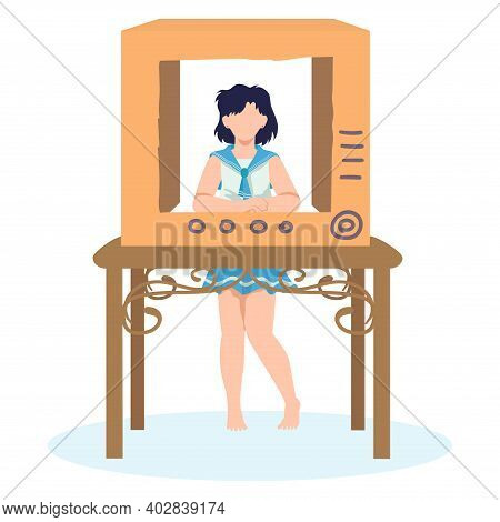 Little Cute Girl Play Television Host, Cardboard Tv Device, Female Cheerful Character Cartoon Vector
