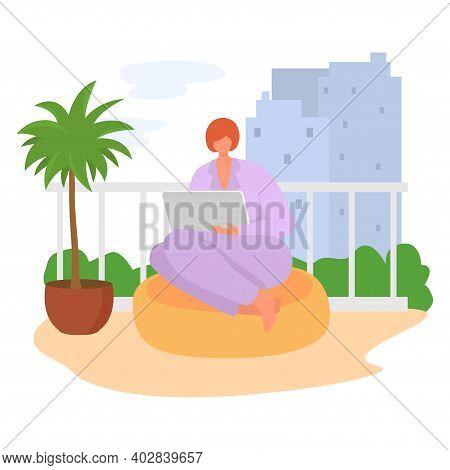 Woman Sitting Balcony Surf Internet With Gadget Tablet, Online Modern Life, Remote Freelander Work F