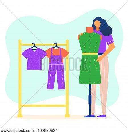 Woman Hold Fashion Style Dress, Female Character Standing Clothes Hanger Fitting Garment Flat Vector