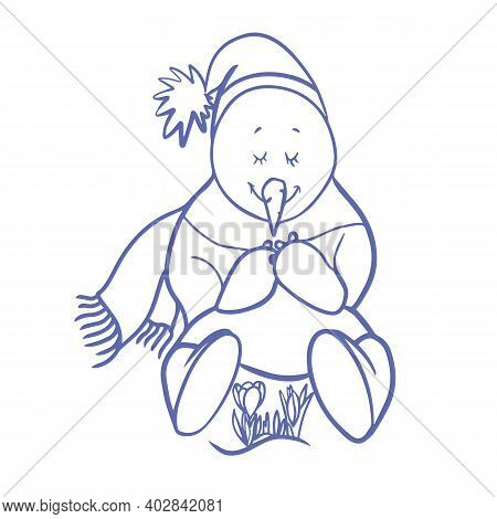 Snowmen Near Flower. A Funny Character Of A Snowman In A Hat And A Scarf Sitting Touched By A Bush O