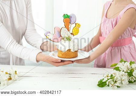Easter Composition With A Beautifully Decorated Easter Cake. The Concept Of Preparing For The Family