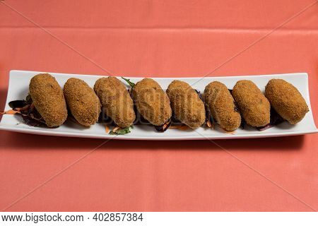 Potato Croquettes Croquetas In A White Plate. Fast Food