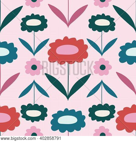 Pink And Red Folk Art Daisies Repeating Pattern