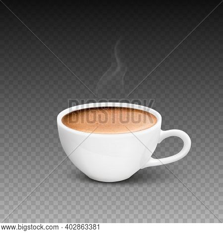 Vector 3d Realistic White Porcelain Ceramic Mug, Hot Milk Coffee, Foam And Smoke Set Isolated. Espre