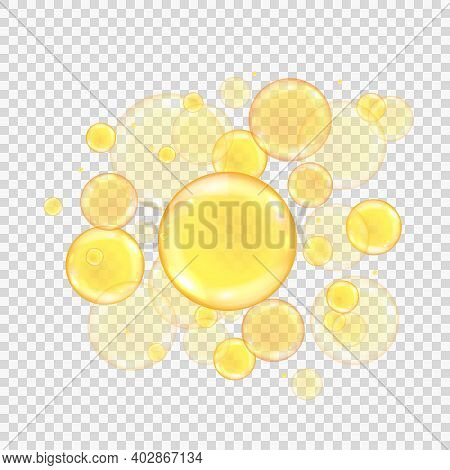 Oil Golden Bubbles Isolated On Transparent Background. Realistic Gold Collagen Balls. Oily Vitamin S