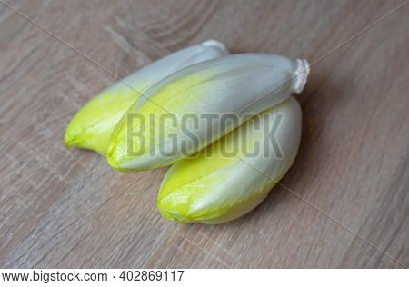 Chicory, Endive, Succory. Witlof Vegetable. Fresh Chicory On A Wooden Table