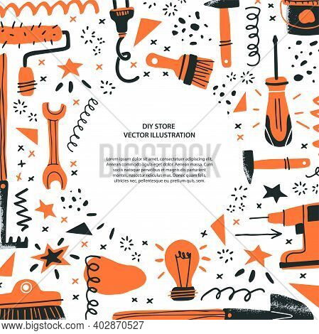 Diy Store Concept. Flyer Or Card Template. Vector Illustration Of Tools For Home Renovation And Deco