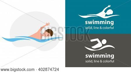 Swimming Man Isolated Vector Flat Icon. Silhouette Line Solid Design Element