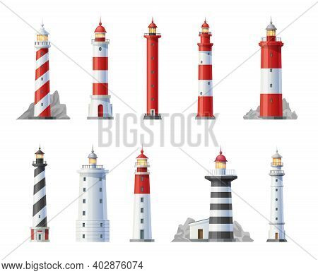 Lighthouse Vector Icons, Beacon Buildings, Nautical Seafarers, Marine Safety Sailing Light. Searchli