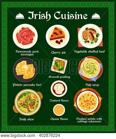Irish Cuisine Vector Menu Homemade Pork Sausages, Cherry Pie, Vegetable Stuffed Beef And Potato Panc
