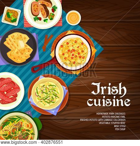 Irish Cuisine Vector Mashed Potato With Cabbage Colcannon, Homemade Pork Sausages And Vegetable Stuf