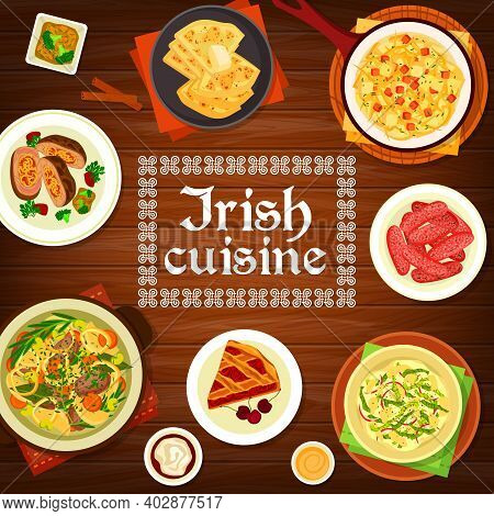 Irish Cuisine Vector Potato Pancake Farl, Homemade Pork Sausages And Cherry Pie. Vegetable Stuffed B