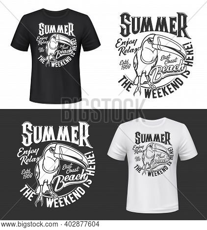 Toco Toucan Bird T-shirt Prints Mock Up. Giant Or Common Toucan Monochrome Vector. Summer Vacation, 