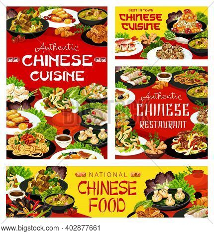Chinese Vector Dishes Cashew Chicken, Beef With Noodles And Cantonese Steamed Perch. Mushroom Soup, 