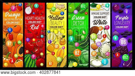 Color Diet With Fruits, Vegetables And Nuts Banners. Healthy Nutrition, Cancer Prevention, Beauty An